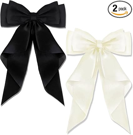 AYNKH 2 PCS Big Bow Hair Clips with Long Silky Satin, Solid Color French Barrette Simple Hair Fastener Accessories for Women Girls