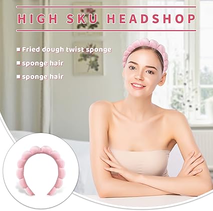Headband Spa Headbands for Women Sponge & Terry Towel Cloth Fabric Cute Skincare Headband for Face Washing, Shower, Facial Mask (Pink)