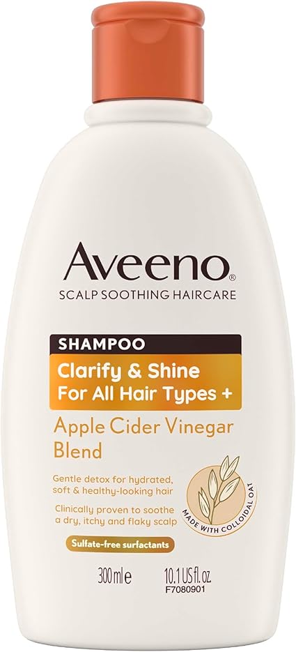 Aveeno Scalp Soothing Haircare Clarify & Shine Shampoo, Apple Cider Vinegar Blend, for All Hair Types, Soothes Dry, Itchy & Flaky Scalp, Clinically Proven, Sulfate Free, 300ml