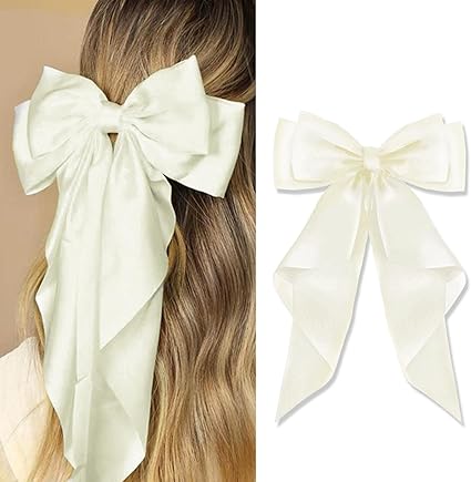 AYNKH 2 PCS Big Bow Hair Clips with Long Silky Satin, Solid Color French Barrette Simple Hair Fastener Accessories for Women Girls