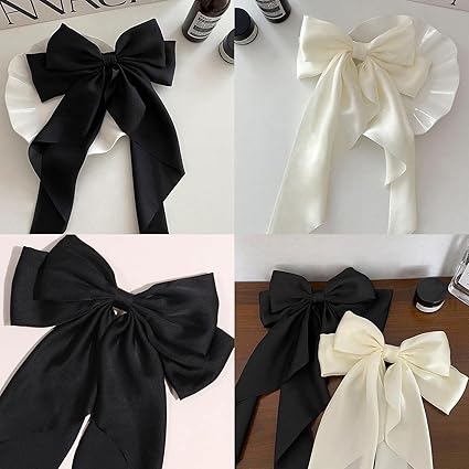 AYNKH 2 PCS Big Bow Hair Clips with Long Silky Satin, Solid Color French Barrette Simple Hair Fastener Accessories for Women Girls