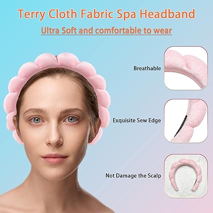 Headband Spa Headbands for Women Sponge & Terry Towel Cloth Fabric Cute Skincare Headband for Face Washing, Shower, Facial Mask (Pink)