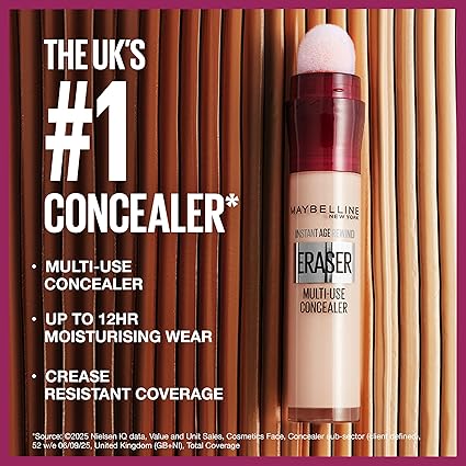 Maybelline Instant Anti-Age Eraser Eye Concealer for Face, Dark Circles, Blemish & Fine Lines Concealer, Full Coverage, Dermatologist Tested, Suitable for Sensitive Skin, Shade: 00 Ivory