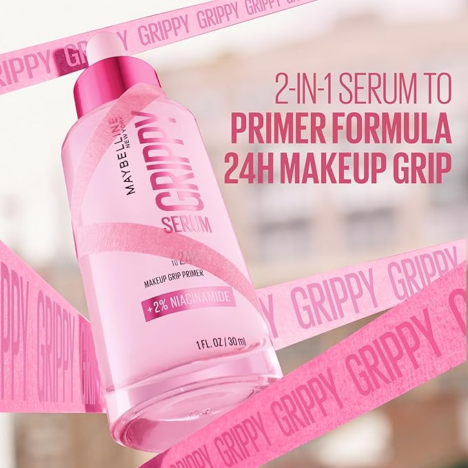 Maybelline New York Grippy Serum Makeup Primer, Glides On Like A Serum, Up To 24H Wear, Instantly Plumps & Hydrates Skin, +2% Niacinamide, Water-Based Formula, Suitable For All Skin Types (30ml)