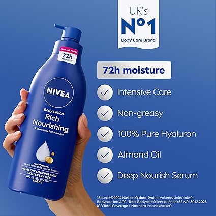 NIVEA Rich Nourishing Body Lotion (400ml), Rich 72H Hydration NIVEA Moisturiser for Dry Skin Made with Deep Moisture Serum and Almond Oil, Intensive Hydration NIVEA Body Lotion, Pack of 1
