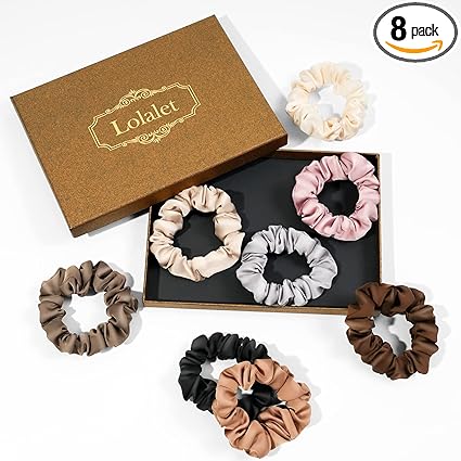 Lolalet Hair Scrunchies Satin Scrunchies for Women, Soft Hair Ties Scrunchy Cute Ponytail Holder Hair Accessories with Elastic Hair Bands for Girls Thick Thin Curly Hair -8 Pack, Style A
